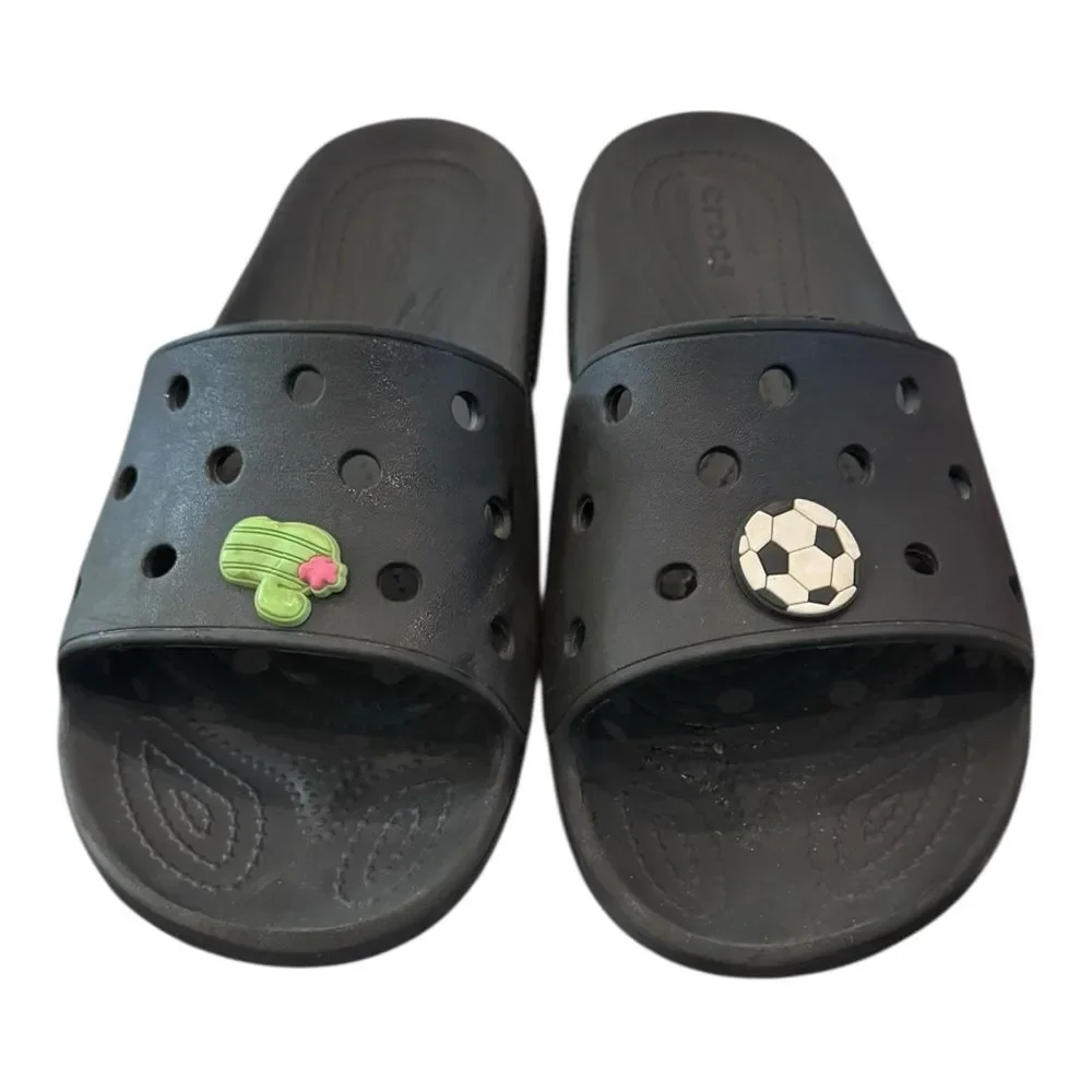 Crocs Classic Black Slide Sandals w/ Jibbitz Charms 10